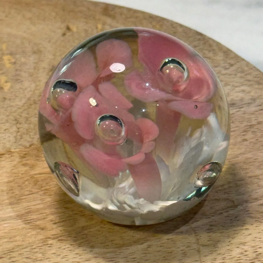 Art Glass Hand Blown Paperweight Pink Floral.